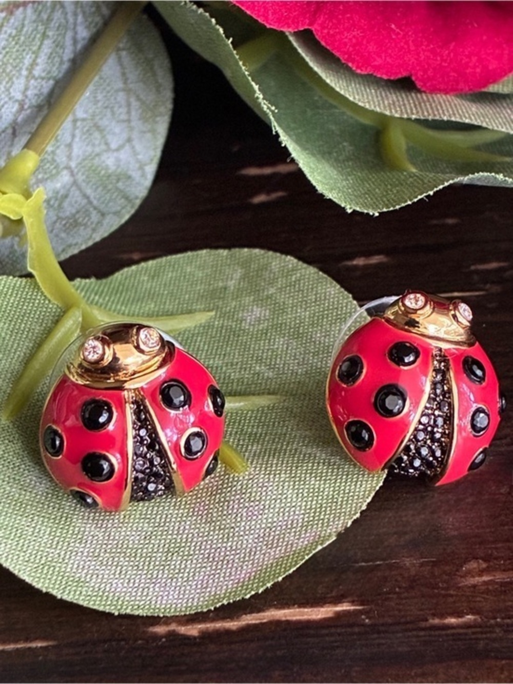 kate spade Red and Black Ladybug Stud Earrings with Gold Accents